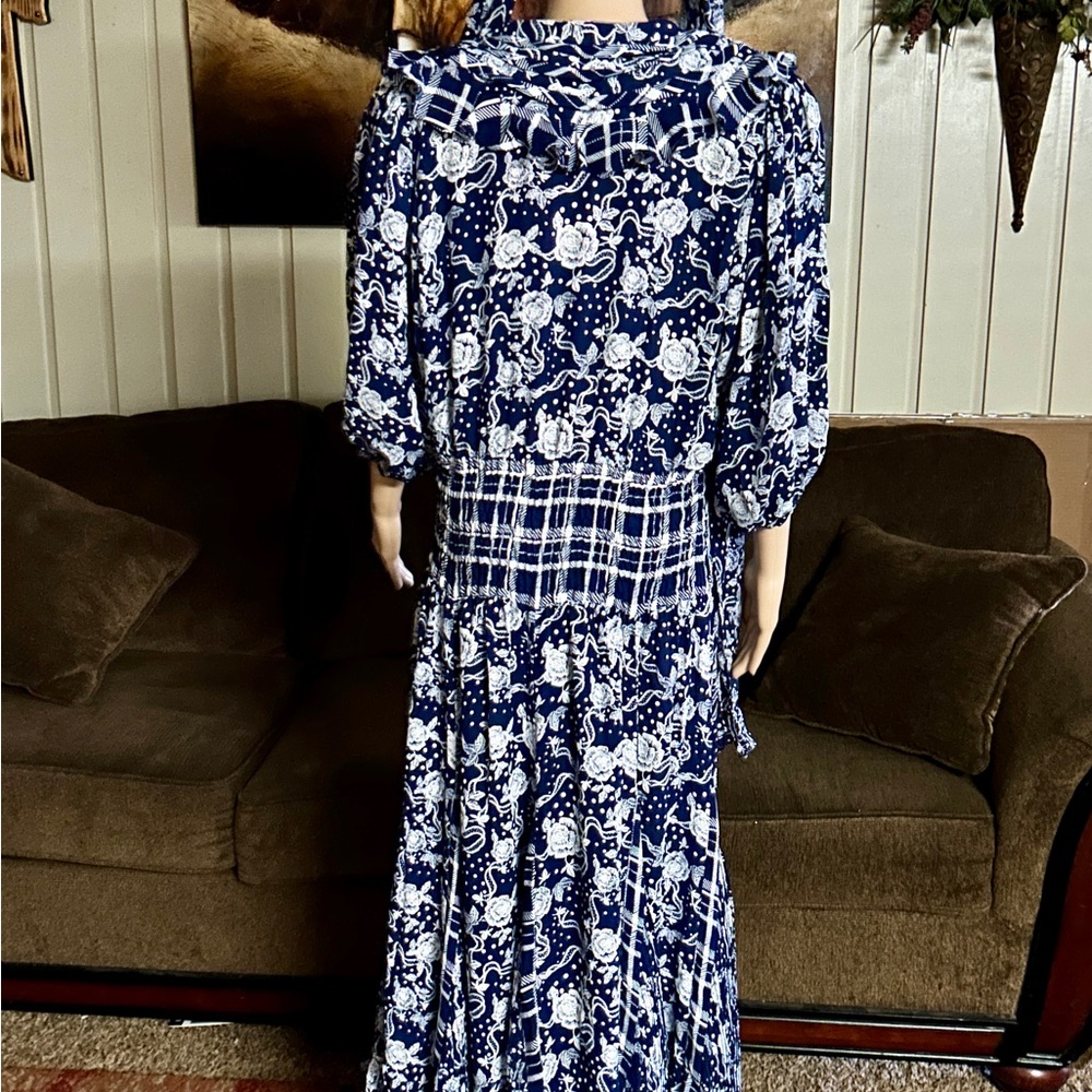 Diane Freis ~ Large ~ Vintage ~ Blue/White • Floral W/ Ruffles & Tie Boho Dress - Picture 13 of 16
